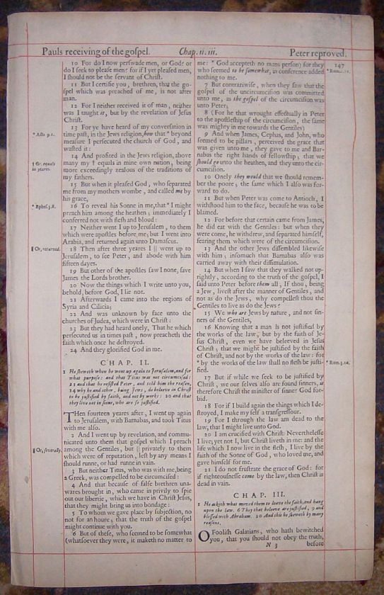 1638 King James Cambridge Folio Red Ruled Bible Leaf/GALATIANS  