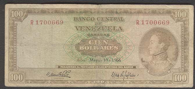 VENEZUELA RARE NOTE 100 BOLIVARES 1966  