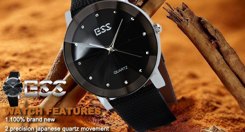 mens Classic new black leather fashion crystal Elegant quartz wrist 