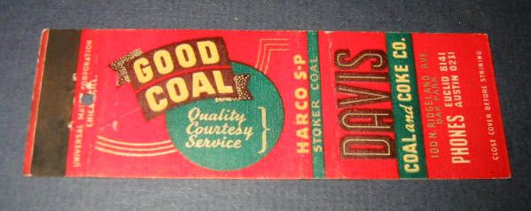 Old DAVIS Coal and Coke Co. Matchcover   Oak Park  