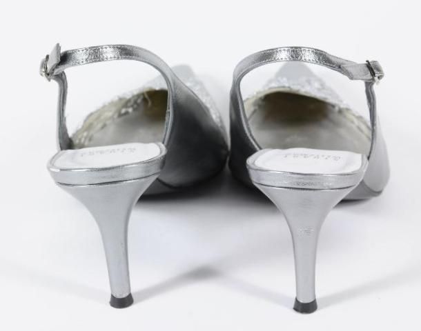 Stuart Weitzman Rhinestone Lace Silver Leather Slingback Mules 9.5 N 