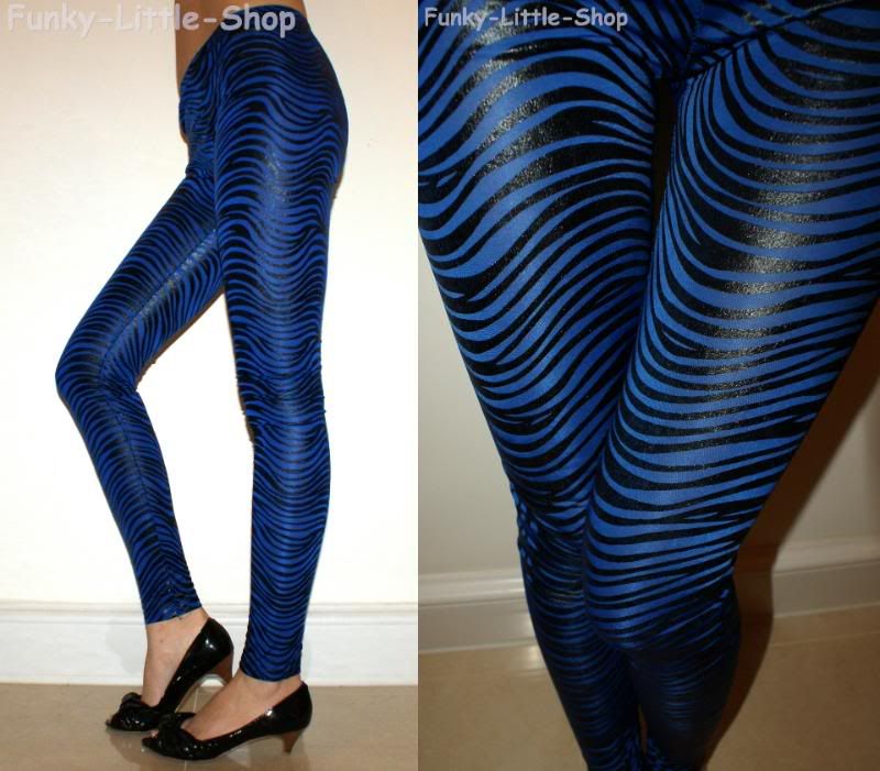 shiny blue zebra animal print leggings pants pt385 XS  