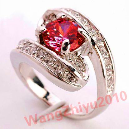 Natural Ruby&Swarovski Crystal 14k White Gold Ring GP  