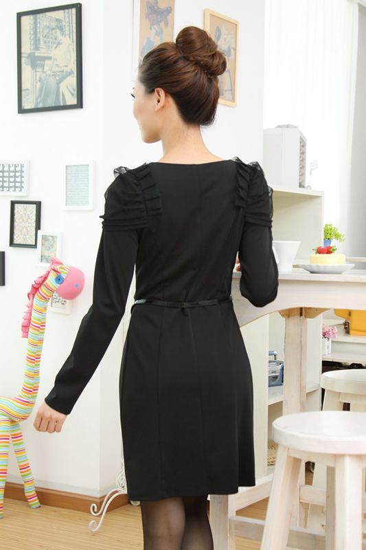   NECK DOUBLE BREASTED DRESS WITH BELT SHOULDER SPLICE GAUZE 1642  