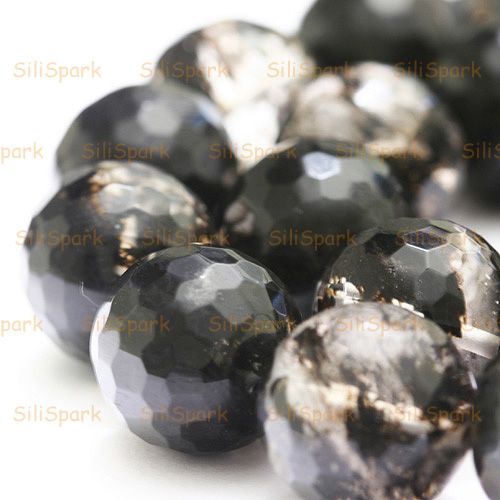 16mm Black Phantom Rutilated Quartz Faceted Round Bead  