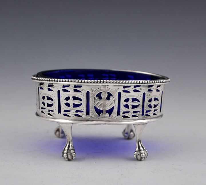 1778 English Antique Sterling Cobalt Glass Salt Cellar  