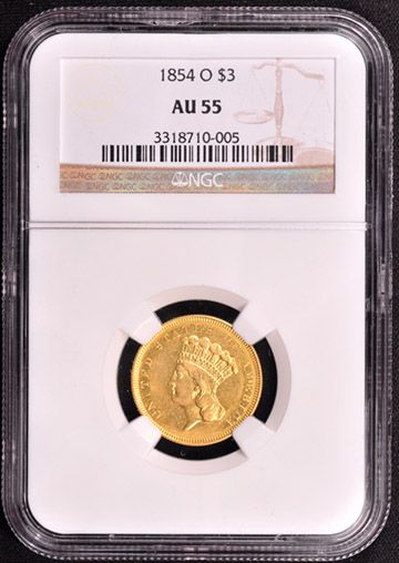 1854 O INDIAN PRINCESS $3 NGC AU 55  