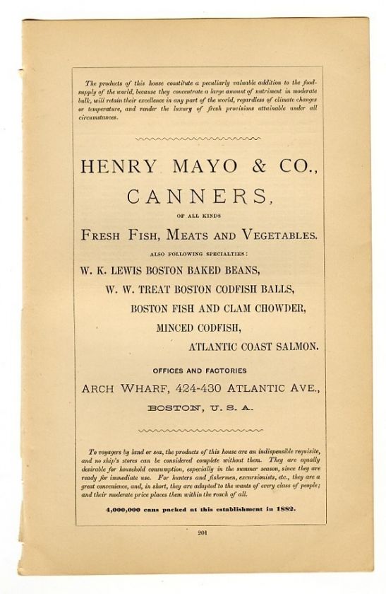 1882 Henry Mayo & Co Canners Ad Boston Massachusetts  