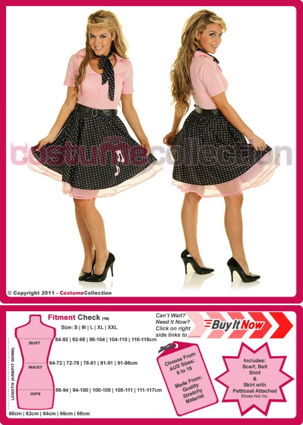 Pink Ladies 1950s Grease Bopper Fancy Dress Costume, Shirt & Polka Dot 