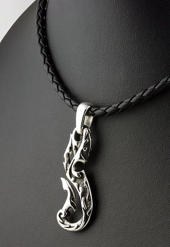 FLAME HOOK TATTOO BIKE 100% 925 SILVER LEATHER NECKLACE  