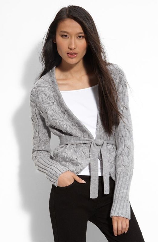 NEW* BCBG Lt Heather Cable Knit Wrap Cardigan L $238  