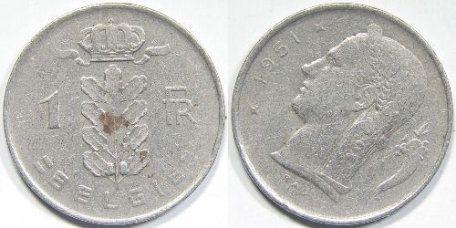 Error Coin 1 Frank flemish 1951 Belgium Europe #2884  