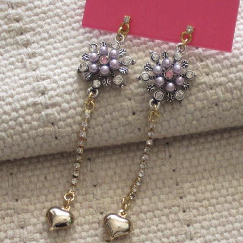 New 8.2cm Betsey Johnson Pierced Earrings Dual Tones Rhinestone 