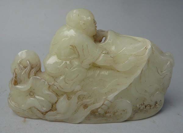 Old Chinese White Jade Carved Baby on Fish Statue  