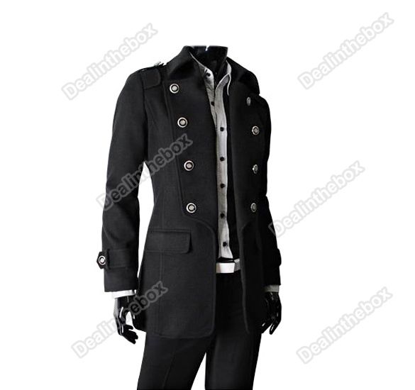 Mens Style Woolen Blends Double breasted Parka coat overcoat 3 color 