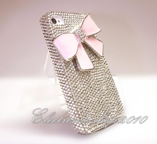 Handmade 3DBow Bling Full Swarovski Crystals Case Cover For iPhone 4 