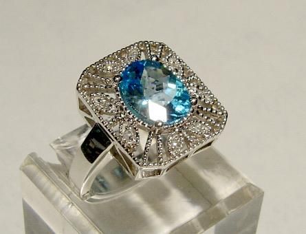 14k White Gold Blue Topaz & Dia Filigree Ring Free Ship  