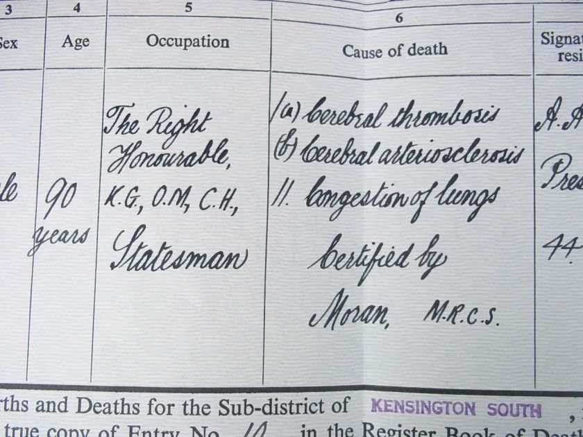 Rare Official Copy Of Sir Winston Churchill Death Certificate Issued 