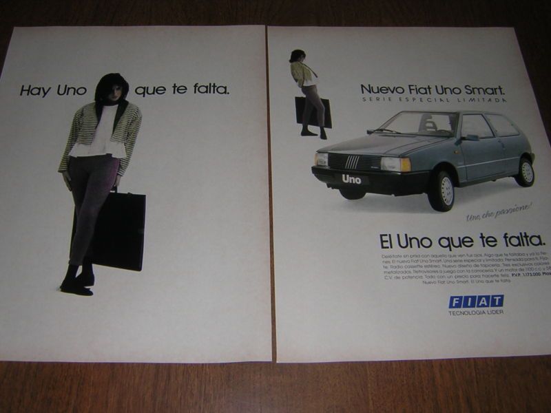 1989 FIAT UNO SMART CAR 2 PAGES PRINT AD in SPANISH  