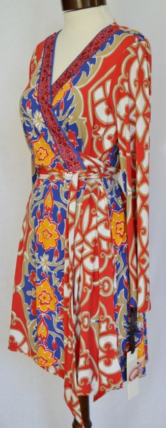 HALE BOB Floral Jersey Wrap Dress S 4 6 UK 8 10 NWT Small Red Beaded 