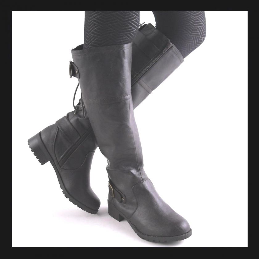 NEW BLACK KNEE HIGH LUG SOLE BIKER BOOTS  