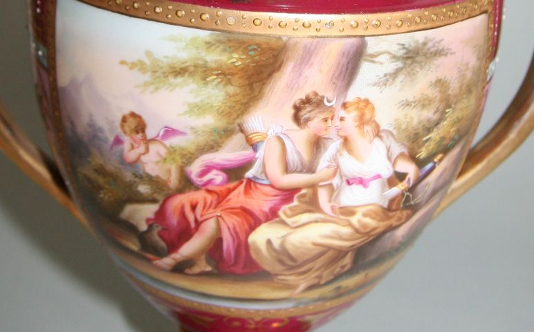 BOHEMIAN AMPHORA PORCELAIN VASE, HAND PAINTED c. 1840  