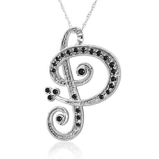 14k White Gold Alphabet P Black Diamond Pendant  0.15ct  