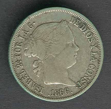 SPAIN RARE ISABEL II 40 CENTS 1866 NICE GRADE SILVER COIN  