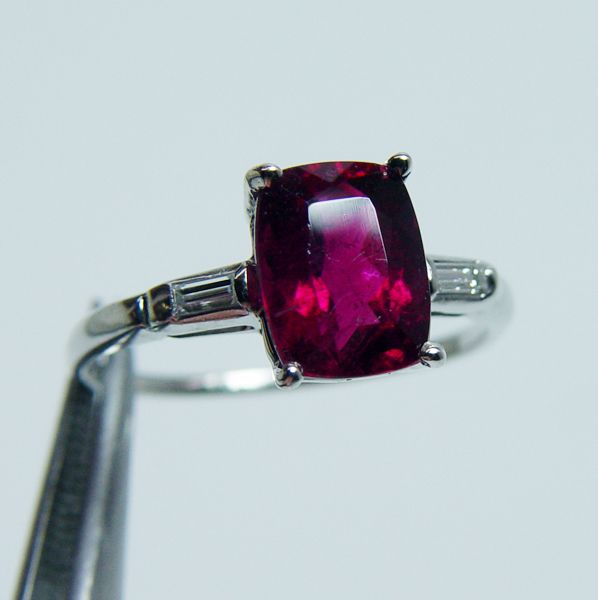 Cushion Rubellite Tourmaline Baguette Diamond 14K White Gold Ring 