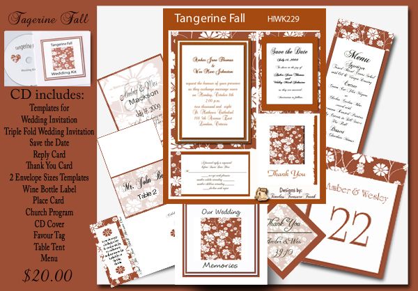 Delux Tagerine Fall Theme Wedding Invitation Kit on CD  