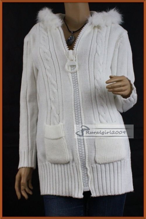Fashion Big Zipper Twist Pattern Knit Hoodie Sweater Faux Fur Top Live 
