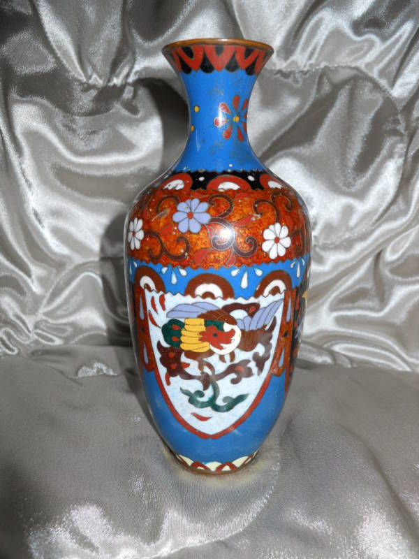   Antique Japanese Cloisonne BLUE Enamel Vase W/ Phoenix Birds, 7 1/4 H