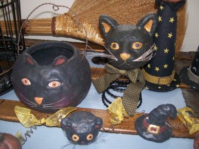 Black Cat Pumpkin Head & Witch Hat Paper Mache Coiled Wire Halloween 