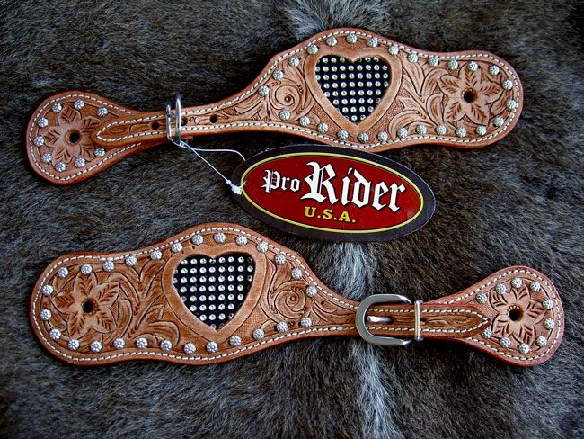 Horse CARVED Leather Western SPUR STRAPS BLING HEART TACK Rodeo  