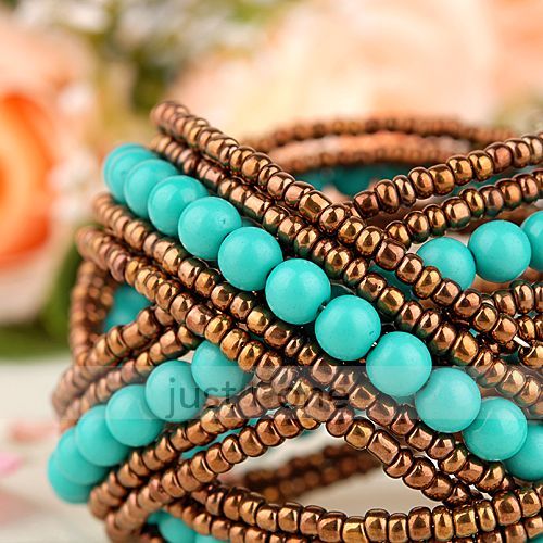 Women Lady Chic Bohemian style Braid Blue Beaded Wide Cuff Open 