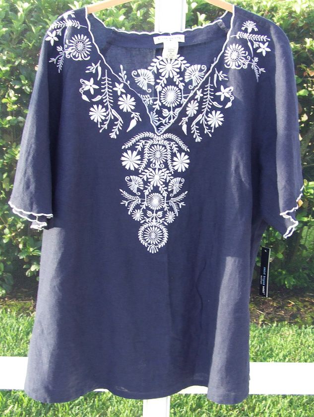 SUSAN BRISTOL NAVY BLUE WHITE EMBROIDERY V NECK LINEN TOP SHIRT BLOUSE 