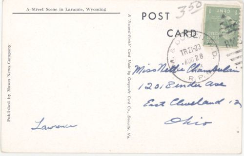 WY LARAMIE 2ND STREET MAILED 1944 TOWN VIEW EARLY 32945  