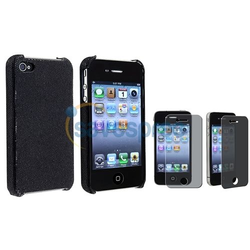 Black Sparkle Glitter Case Cover+Privacy Film Accessory For iPhone 4 