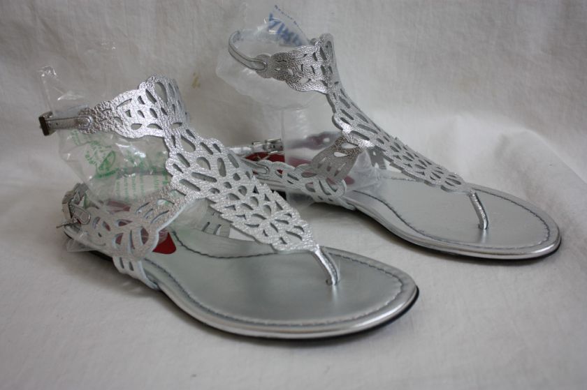 CESARE PACIOTTI SILVER CUTOUT LEATHER SANDALS SHOES SZ 40  