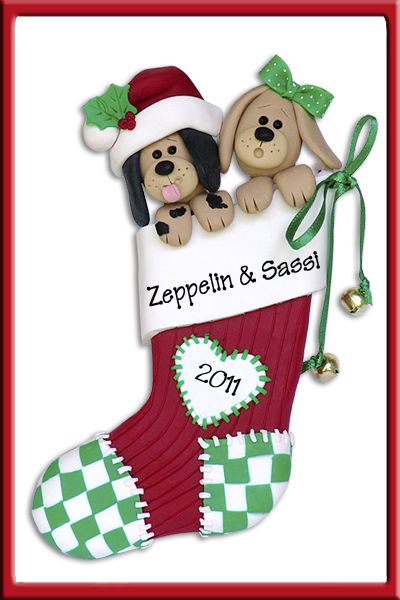 DOGS IN STOCKING COUPLES Personalized Christmas Ornament Polymer Clay 