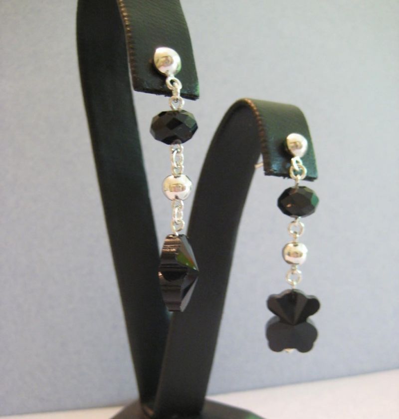 Silver Tous Inspired Design Dangling BLACK Faceted Crystal BEAR 