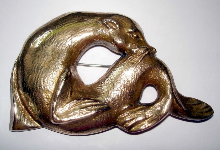 Large vintage brass seal / sea lion brooch, c1930s  