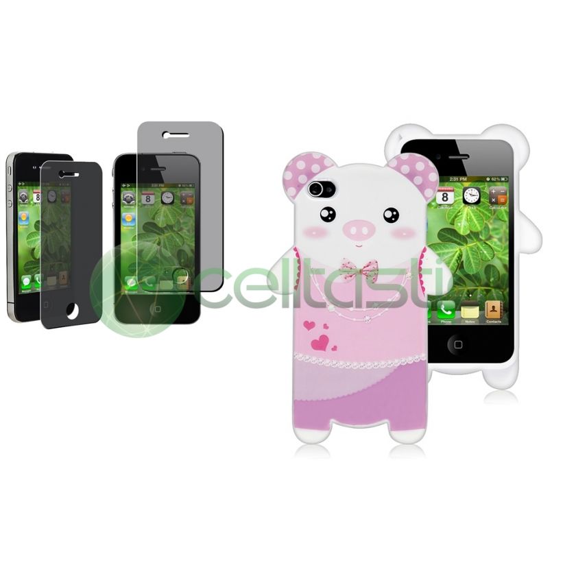 Cute Pig TPU Cover Case+Privacy Filter Protector For Apple iPhone 4 4S 