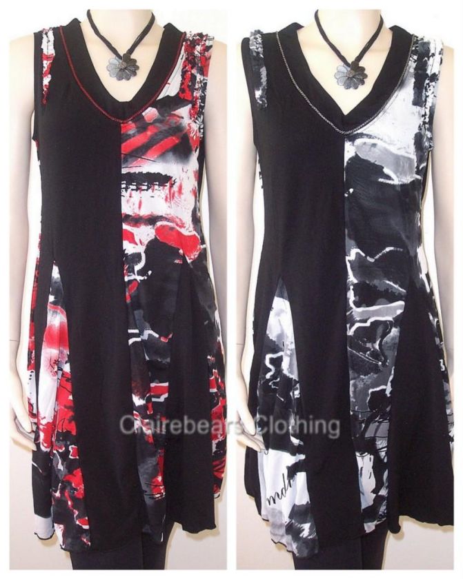 LILIA LADIES LONG TUNIC TOP PANELLED BLACK + PRINT STRETCH SLEEVELESS 