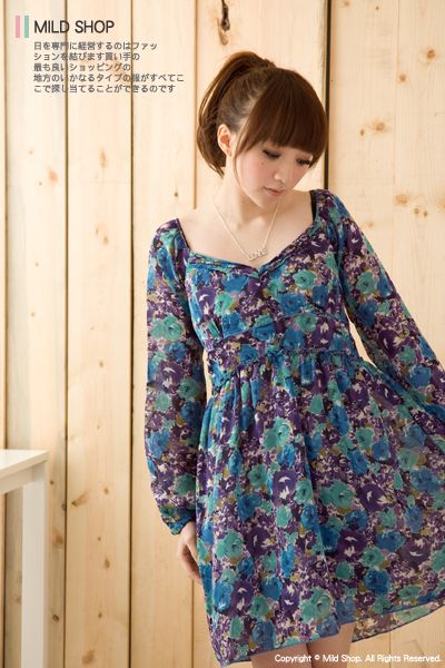 Womens Japanese Korean Fashion Style fit Slim Flower Long Sleeve Dress 