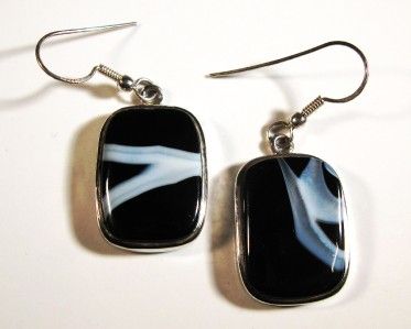 MEXICAN ONYX BANDED AGATE SS DANGLE EARRINGS 1 7/8  