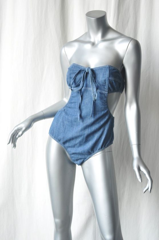 CHANEL Denim Halter Bathingsuit Monokini Swimsuit S  