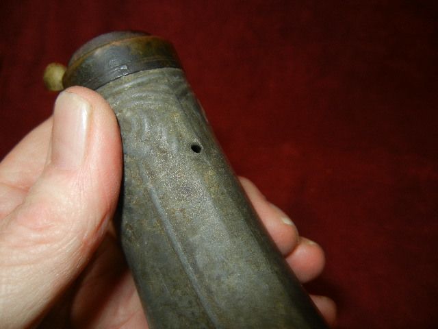 ANTIQUE GUN POWDER FLASK UNUSUAL TIN? AND BRASS  