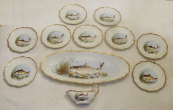 Antique Limoges France Porcelain Fish Set w/Sauce Boat  