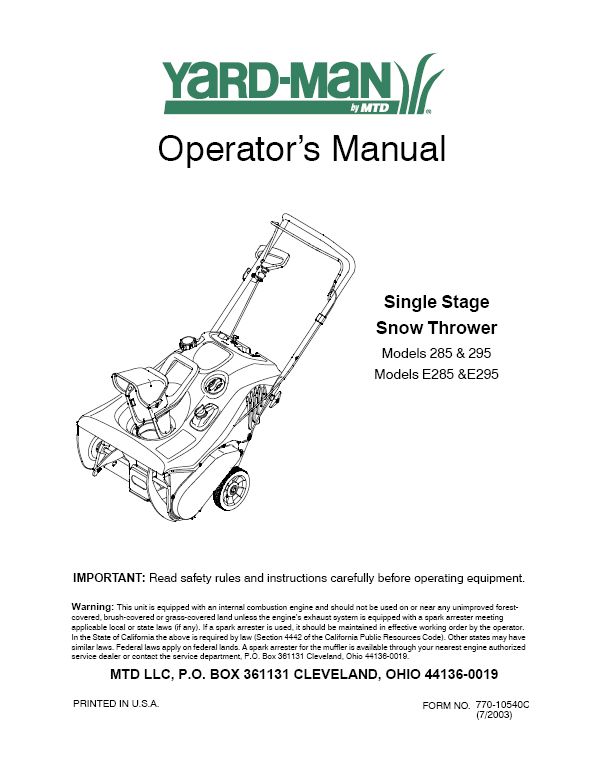 Yard Machines MTD Snow Blower Thrower Owners Manual  